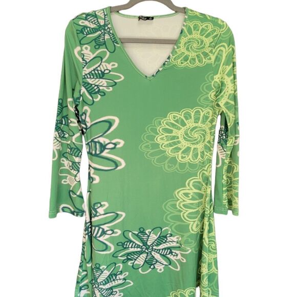 Retro Pattern Stretch Mini Dress/Tunic, vibrant green, women - Picture 1 of 6